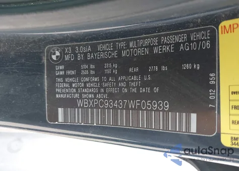 2007 BMW X3 3.0Si из США, поврежденный, VIN WBXPC93437WF05939